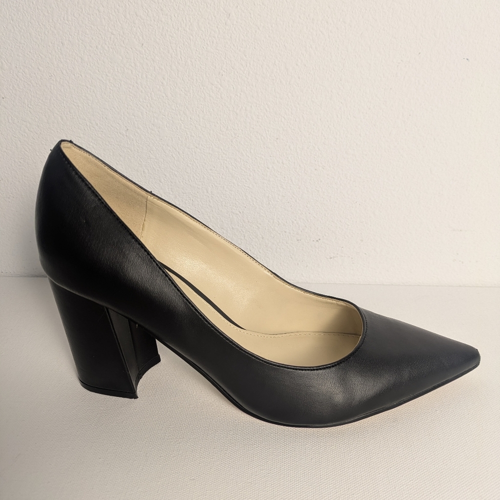 Nine West Black Pointed Toe Block Heel Pump - Classic Leather